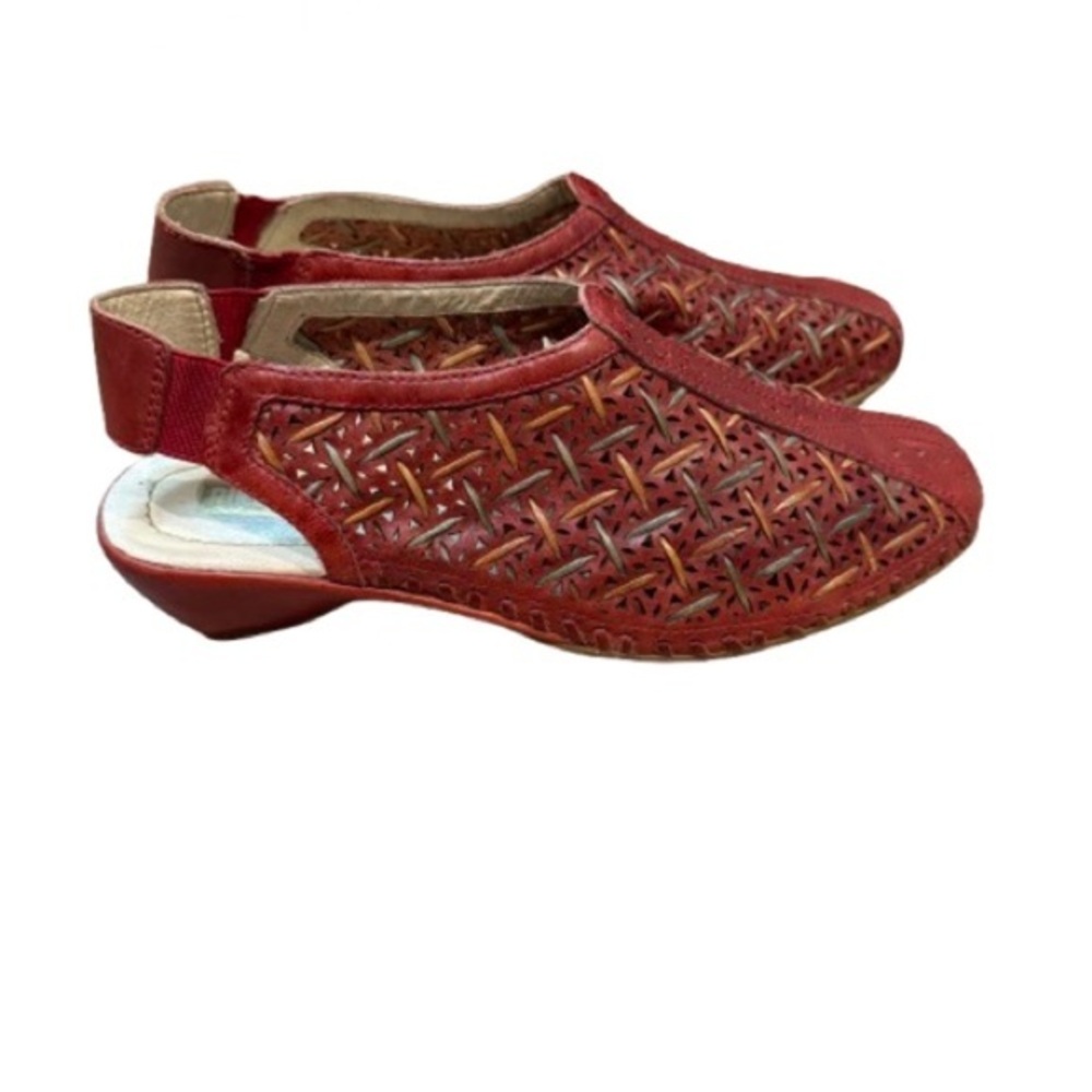 Pikolinos Leather Cutout Slingback Shoes Red Woven Comfort Low Wedge 37